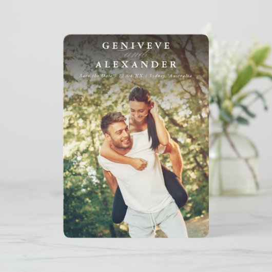 SAVE THE DATE moderne Fotos dunkle Namen Einladung (Stehend Vorderseite)