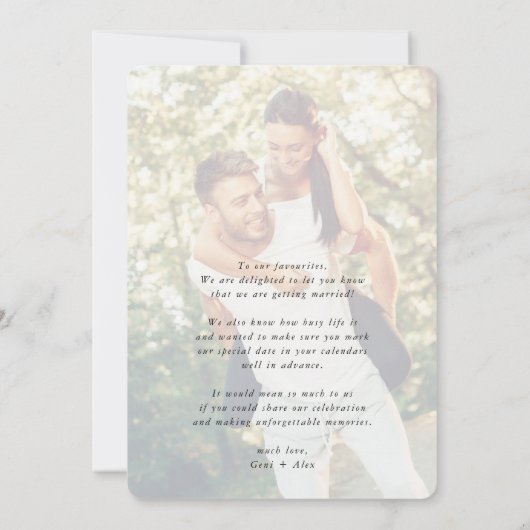 SAVE THE DATE moderne Fotos dunkle Namen Einladung (Rückseite)