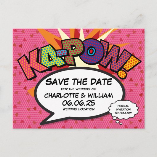 Save the Date Moderne Hearts Confetti Comic Weddin Ankündigungspostkarte (Vorderseite)