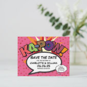 Save the Date Moderne Hearts Confetti Comic Weddin Ankündigungspostkarte (Stehend Vorderseite)