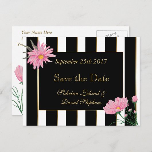 Save the Date Moderne schwarze Streifen rosa Mäuse Ankündigungspostkarte (Vorne/Hinten)