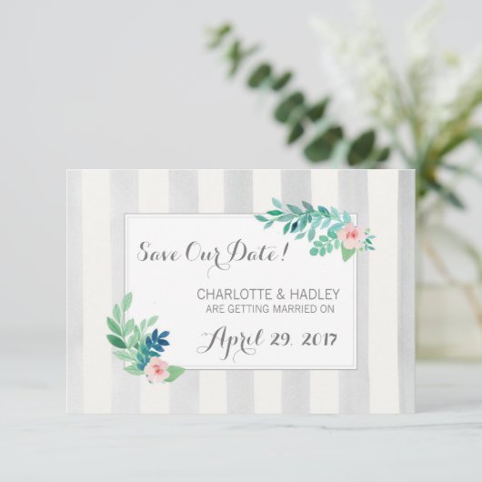 Save the Date Moderne Streifen und Bohemische Blum (Stehend Vorderseite)