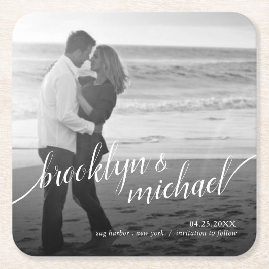 Save the Date moderne Swash-Skript-Mitteilung Rechteckiger Pappuntersetzer (Vorderseite)