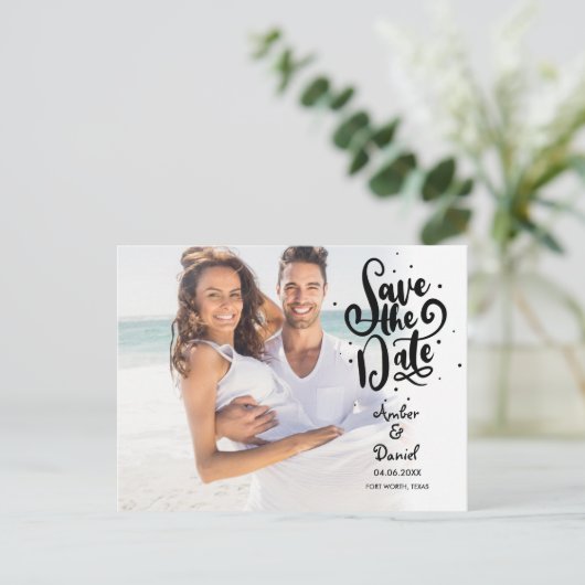 Save the Date Modernes Chic Script-Foto Postkarte (Stehend Vorderseite)