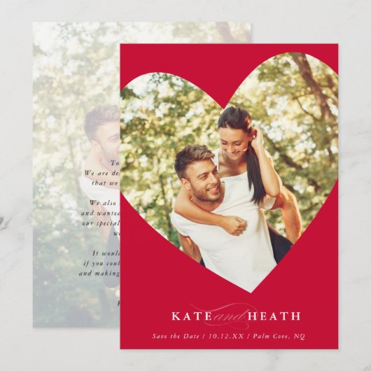 SAVE THE DATE modernes Foto elegantes Herz fett ro Einladung (Vorne/Hinten)