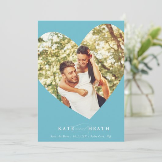 SAVE THE DATE modernes Foto elegantes Herz türkis Einladung (Stehend Vorderseite)