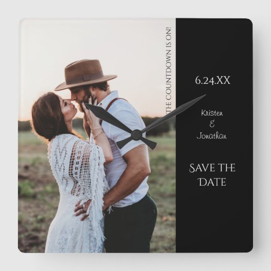 Save the Date Modernes Foto Quadratische Wanduhr (Vorderseite)