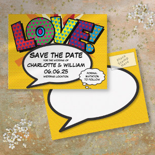 Save the Date Modernes Fun Comic Buchen Liebe Ankündigungspostkarte