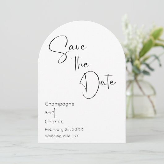 Save the Date Modernes Script Arch Wedding Foto Einladung (Stehend Vorderseite)