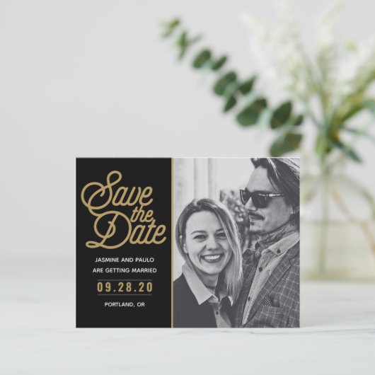 Save the Date Modernes Script-Hochzeitsszenario-Fo Postkarte (Stehend Vorderseite)