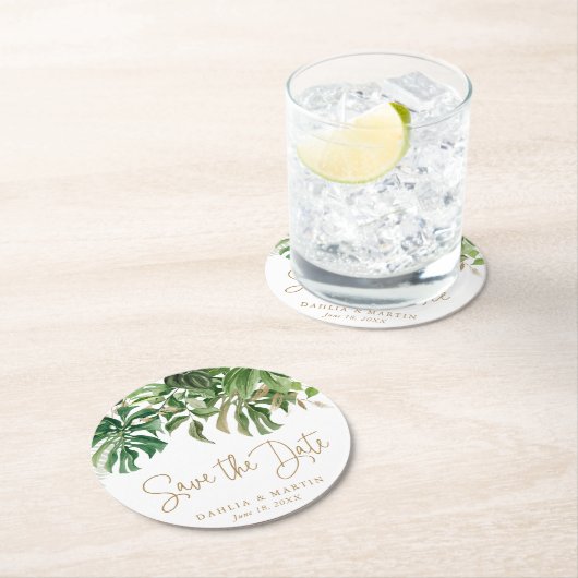 Save the Date Modernes Tropengrün Gold Runder Pappuntersetzer (Vor Ort)