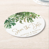 Save the Date Modernes Tropengrün Gold Runder Pappuntersetzer (Angewinkelt)