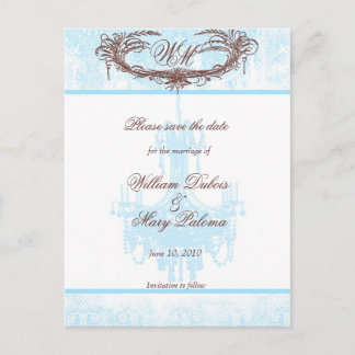 Save the Date Monogram Aqua Kronier und Damask Ankündigungspostkarte