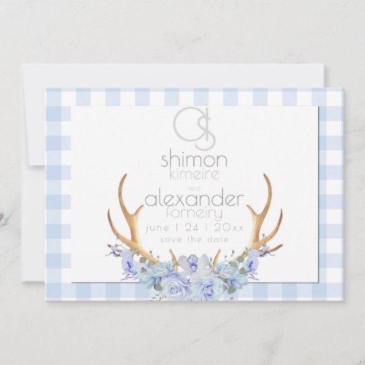 Save The Date | Monogram Blue Gingham Floral BOHO (Vorderseite)
