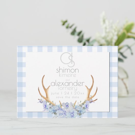 Save The Date | Monogram Blue Gingham Floral BOHO (Stehend Vorderseite)