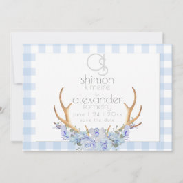 Save The Date | Monogram Blue Gingham Floral BOHO