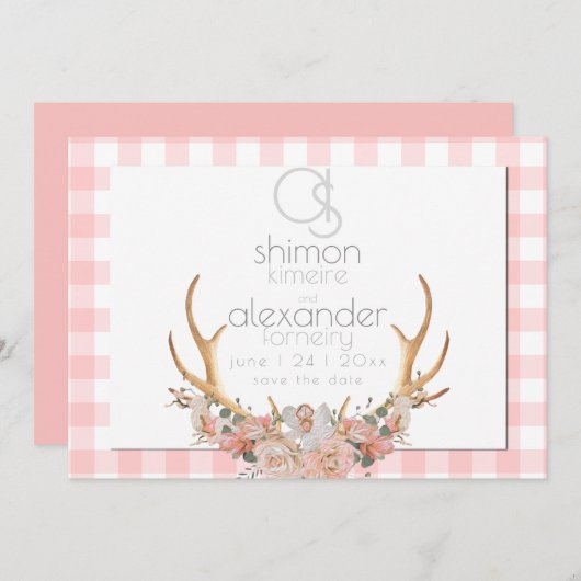 Save The Date | Monogram Coral Gingham Floral BOHO (Vorne/Hinten)