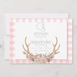 Save The Date | Monogram Coral Gingham Floral BOHO