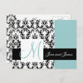 Save the Date Monogram Damask Wedding Blue Ankündigungspostkarte (Vorne/Hinten)