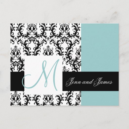 Save the Date Monogram Damask Wedding Blue Ankündigungspostkarte (Vorderseite)
