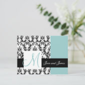 Save the Date Monogram Damask Wedding Blue Ankündigungspostkarte (Stehend Vorderseite)