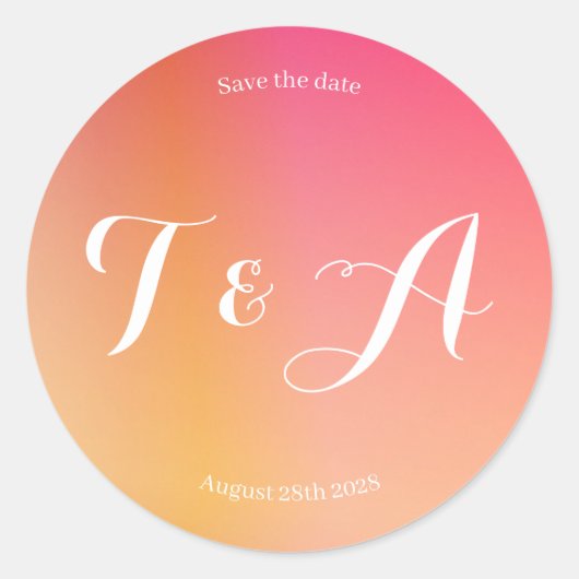 Save the Date Monogram Modern Sunset Ombre Runder Aufkleber (Vorderseite)