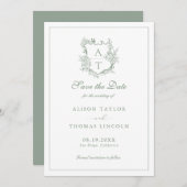 Save the Date Monogram Wappen Sage Green Card Einladung (Vorne/Hinten)