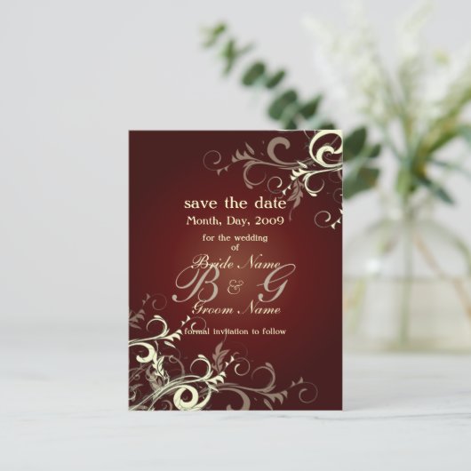 Save the Date, monogramm Creme-Wirbel Ankündigungspostkarte (Stehend Vorderseite)