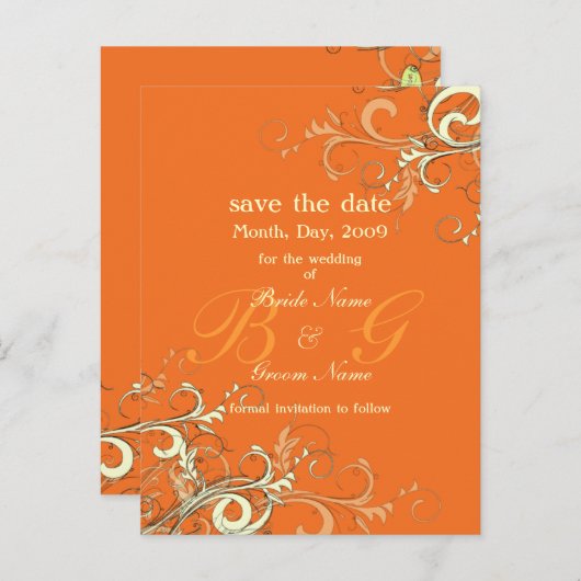 Save the Date, monogramm Creme Wirbel/DIY Farbe Ankündigungspostkarte (Vorne/Hinten)