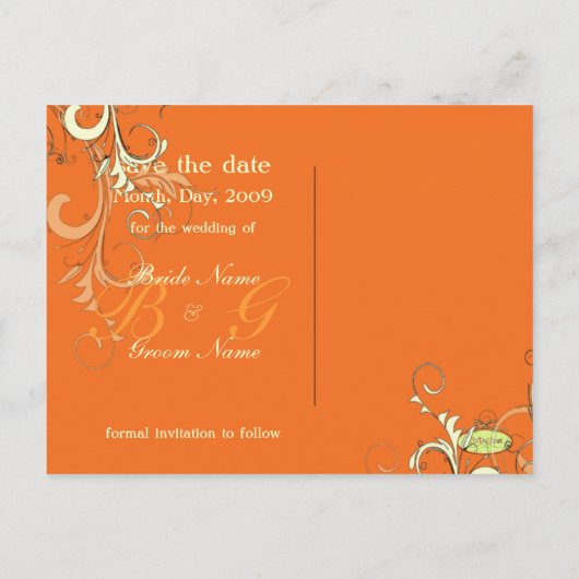 Save the Date, monogramm Creme Wirbel/DIY Farbe Ankündigungspostkarte (Rückseite)