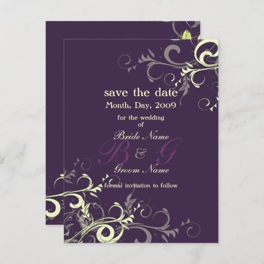 Save the Date, monogramm Creme Wirbel/DIY Farbe! Ankündigungspostkarte (Vorne/Hinten)