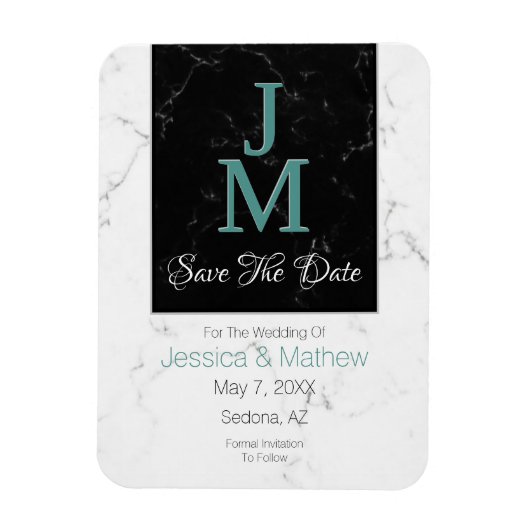 Save The Date, Monogramm Weiß & Schwarz Marmor, DI Magnet (Vertikal)