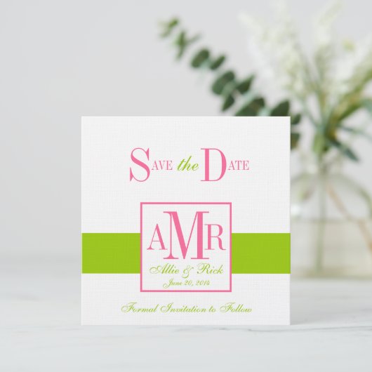 Save the Date Monogramme für Hochzeiten, grün rosa (Stehend Vorderseite)