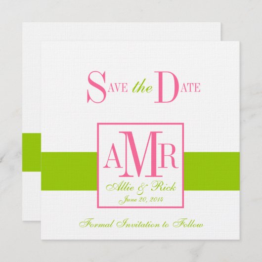 Save the Date Monogramme für Hochzeiten, grün rosa (Vorne/Hinten)