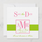 Save the Date Monogramme für Hochzeiten, grün rosa (Vorderseite)