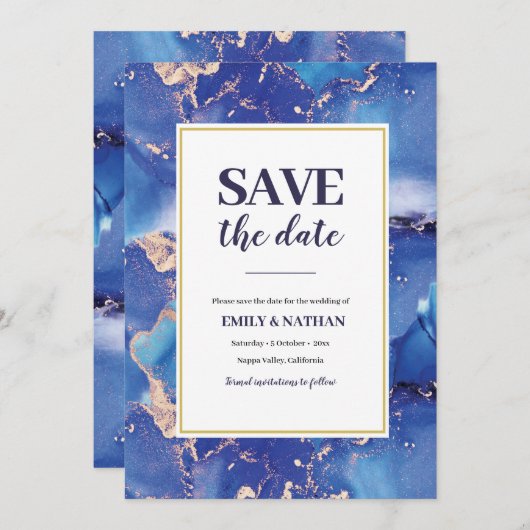 Save the Date Navy Blue Gold Inky Einladung (Vorne/Hinten)