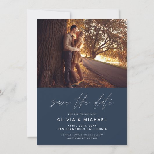 Save the Date Navy Blue Handwriting Hochzeit (Rückseite)