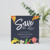 Save the Date Navy Blue PIZZA Moderner Chic (Stehend Vorderseite)