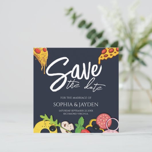 Save the Date Navy Blue PIZZA Moderner Chic (Stehend Vorderseite)