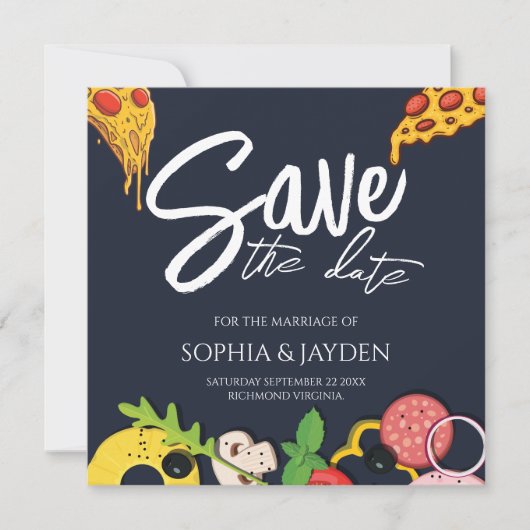 Save the Date Navy Blue PIZZA Moderner Chic (Vorderseite)