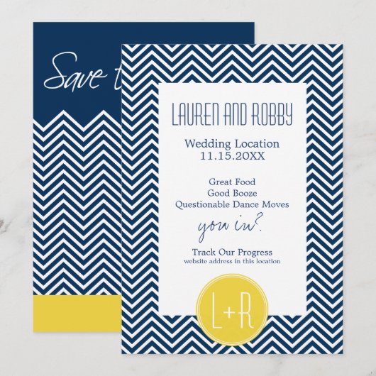 Save the Date Navy Blue und Yellow Chevrons (Vorne/Hinten)