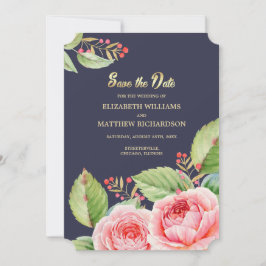 Save The Date. Navy Blue Watercolor Flora Einladung