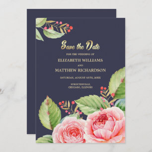 Save The Date. Navy Blue Watercolor Flora Einladung