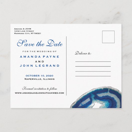 Save The Date | Navy Blue Wedding Silver Agate Ankündigungspostkarte (Rückseite)