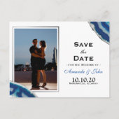 Save The Date | Navy Blue Wedding Silver Agate Ankündigungspostkarte (Vorderseite)