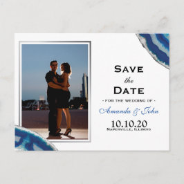 Save The Date | Navy Blue Wedding Silver Agate Ankündigungspostkarte