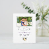 Save the Date - Navy Blue Yellow Floral Foto Postkarte (Stehend Vorderseite)