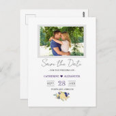 Save the Date - Navy Blue Yellow Floral Foto Postkarte (Vorne/Hinten)