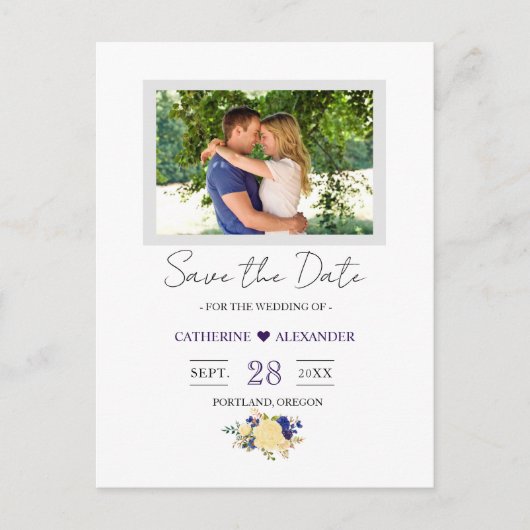 Save the Date - Navy Blue Yellow Floral Foto Postkarte (Vorderseite)