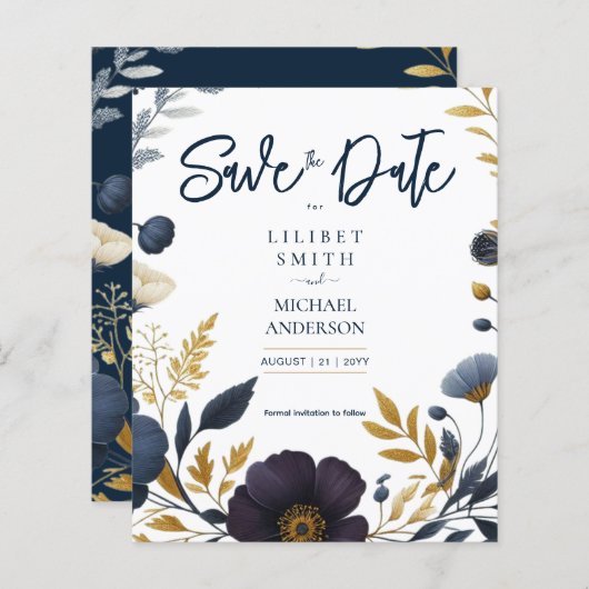 Save the Date Navy Yellow Gold Floral Elegant (Vorne/Hinten)